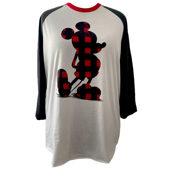 Disney Tops - Disney long sleeve T-Shirt Top with buffalo plaid Mickey, red white gray Sz XL